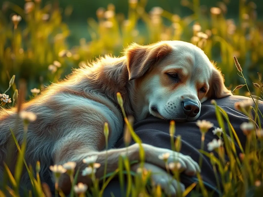 Una fotorealista obra de arte con un perro y su difunto dueño harmoniosa