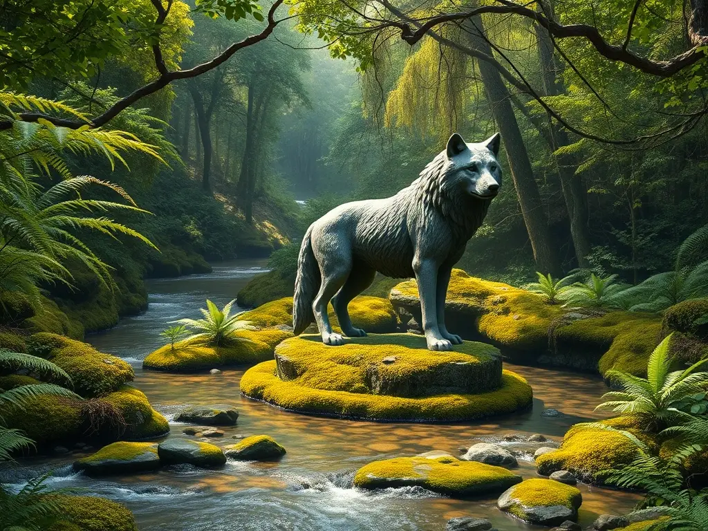 Mezcla de medios crea un paisaje mágico con un lobo de piedra
