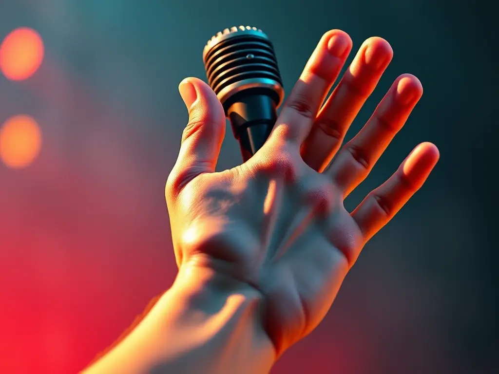 Foto realista de una mano con diez dedos tocando un micrófono