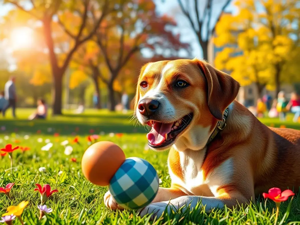 Un labrador feliz juega con su juguete en un parque soleado