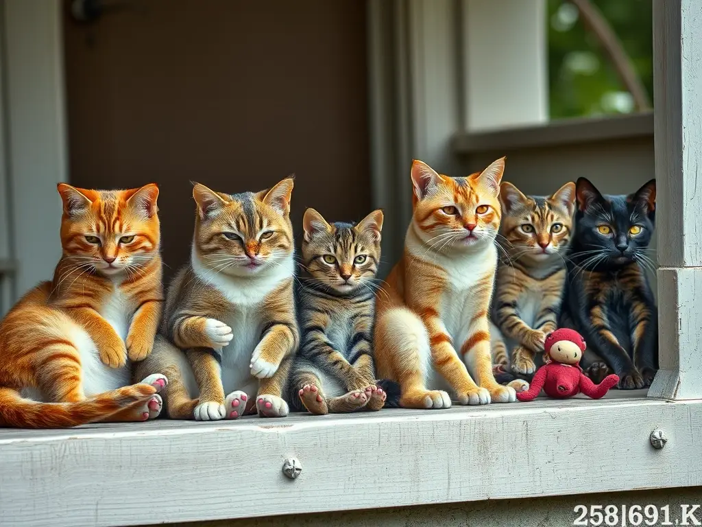 Un retrato de gatos rescatados relajándose en una casa, con detalles especiales, de alta calidad