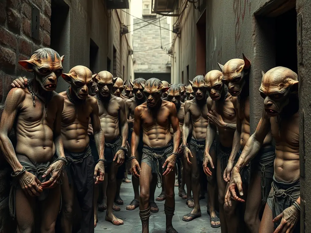 Foto realista de humanos sin pelaje encadenados y desolados