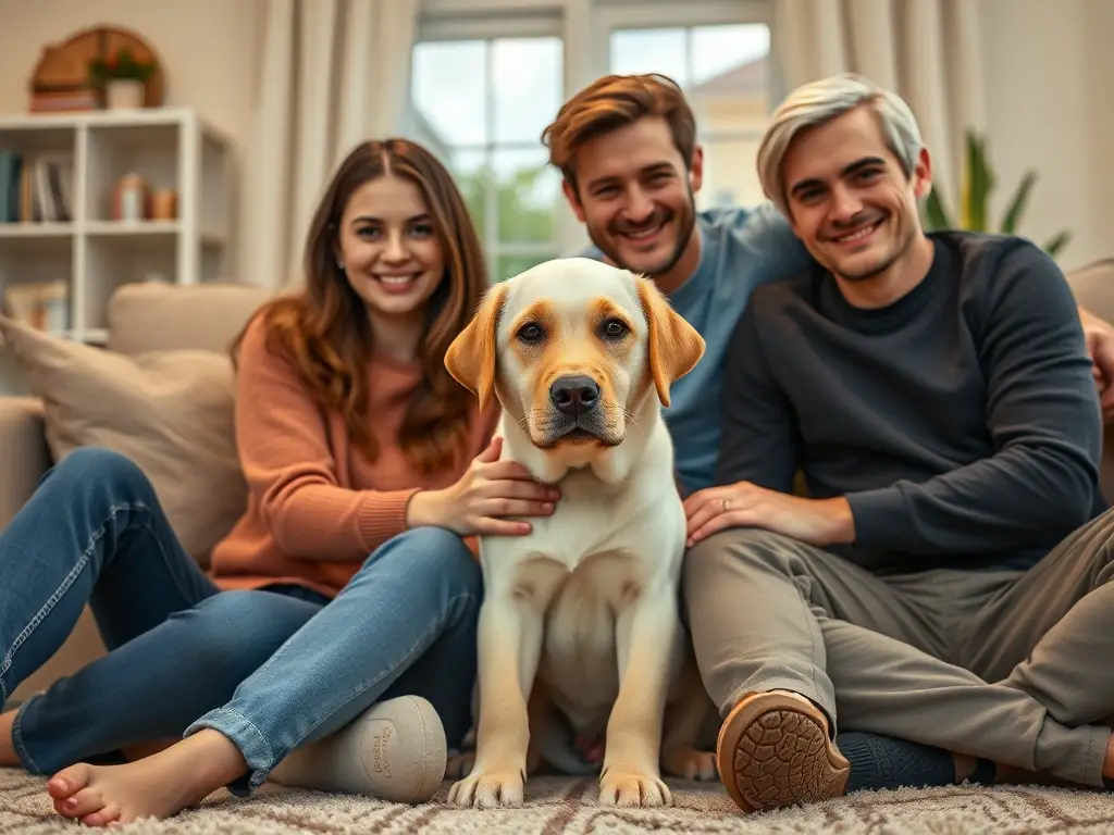 Foto realista de familia acariciando un cachorro Labrador