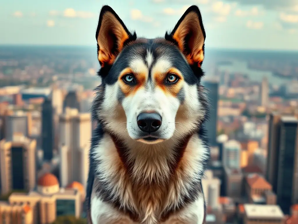 Photorealistic de un husky tranquilo en ciudad
