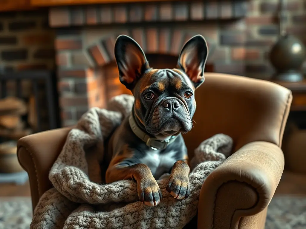 Fotografía realista de un Frenchton descansando en un sillón