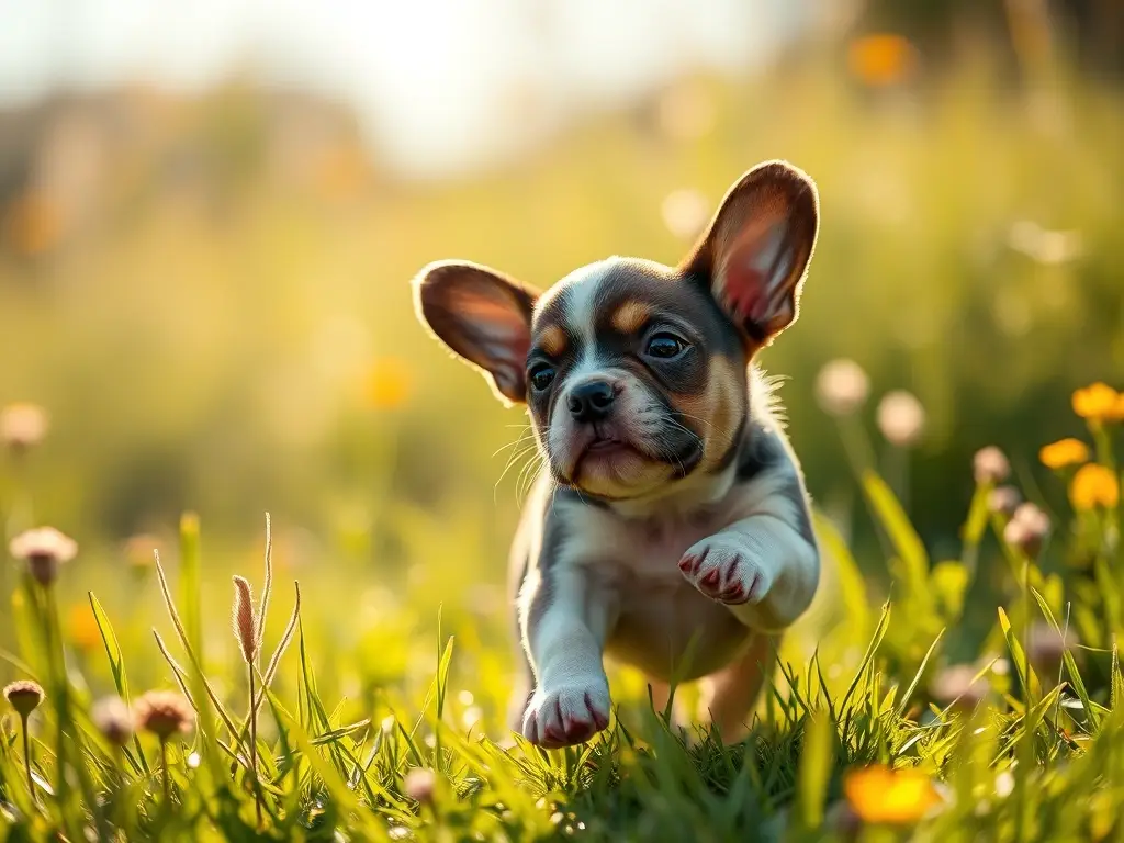 Foto realista de un cachorro francésón en un prado brillante