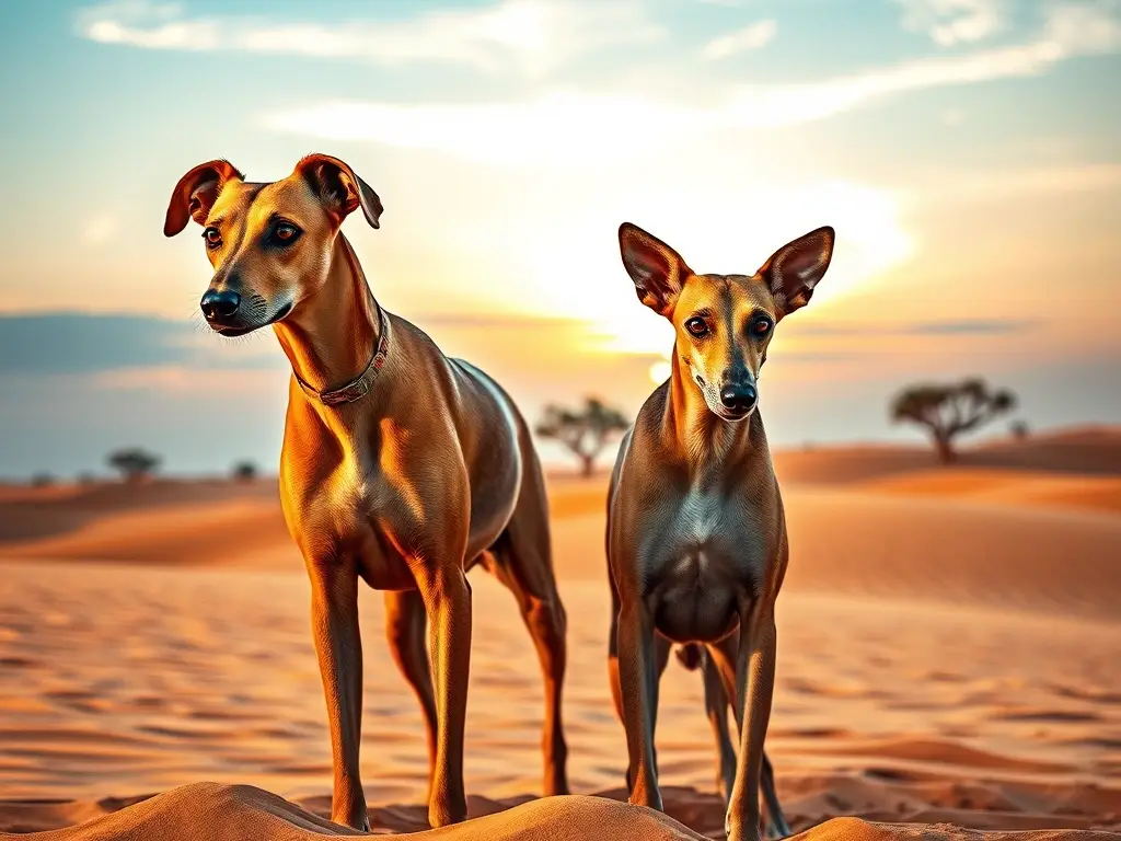 Dos elegantes galgos en dunas doradas