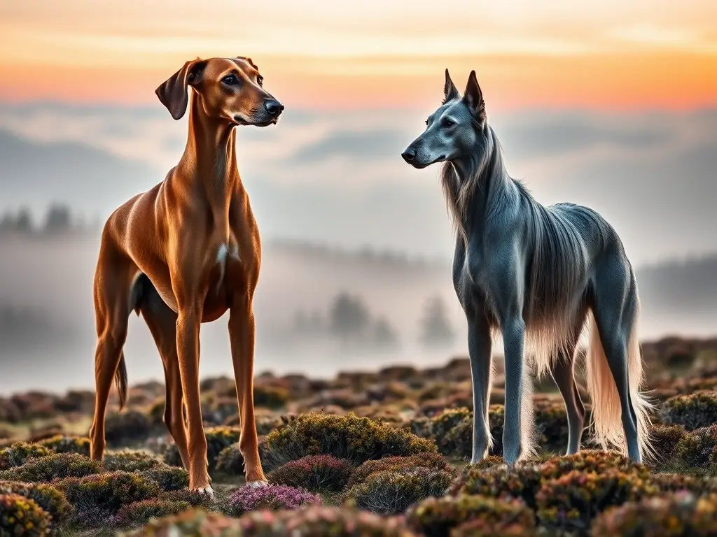 Dos sabuesos majestuosos al alba neblosa