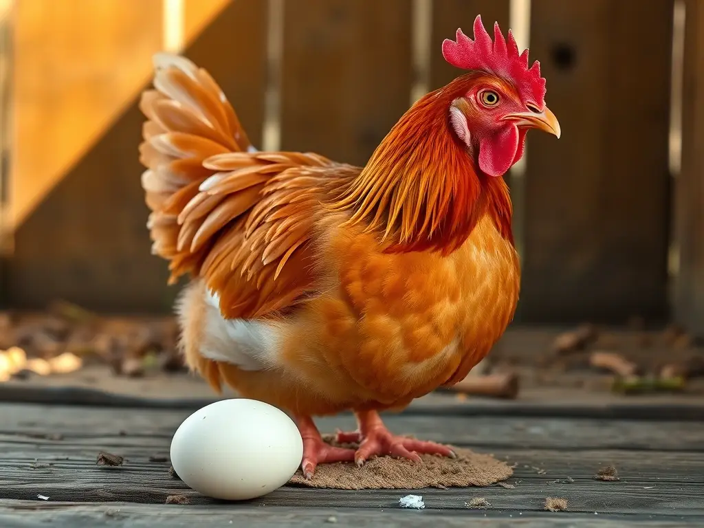 Foto realista de gallina Rhode Island Red picando una arrugada, con clara luz solar