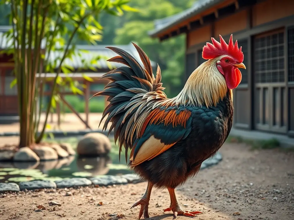 Imagen realista, 8k, de un gallo sedoso japonés con energía