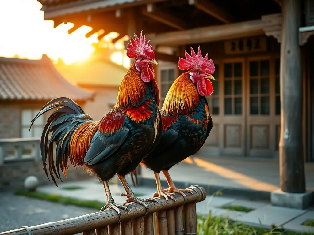 Retrato fotorrealista de dos majestuosos gallos Shamo