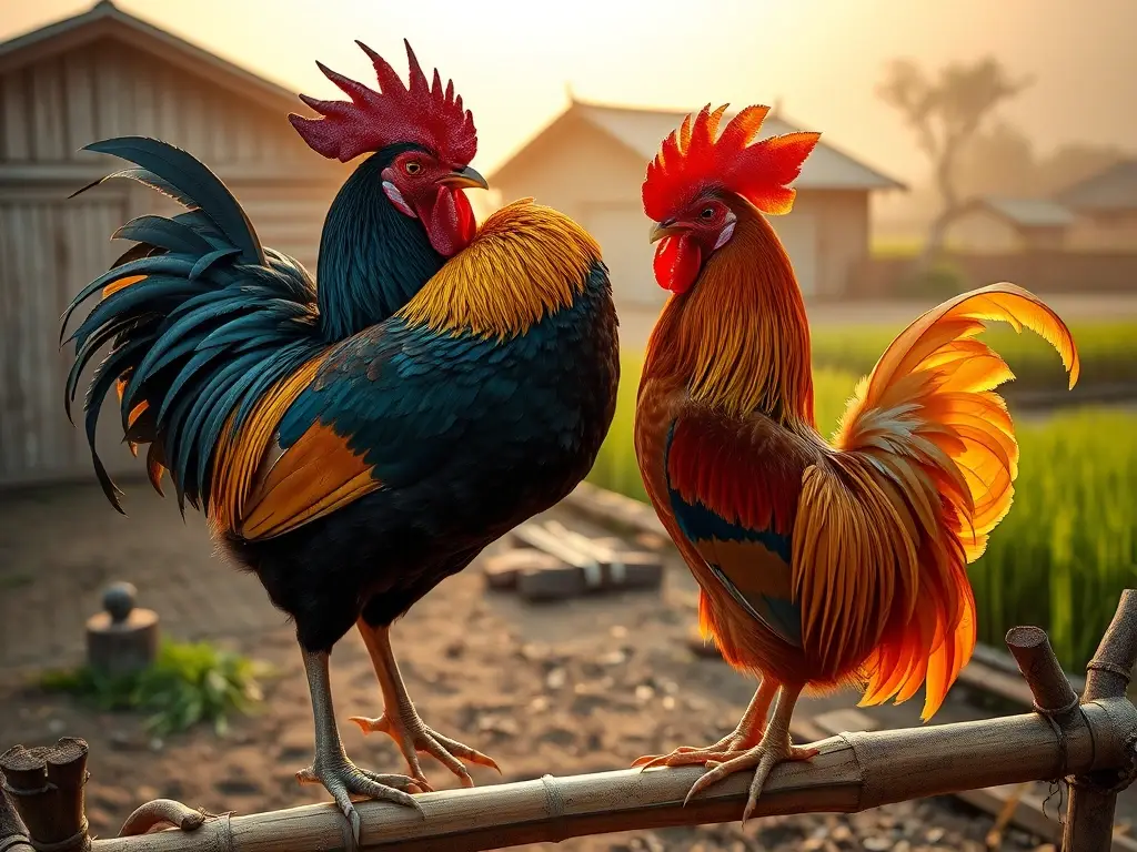 Dos majestuosos gallos de pelea en amanecer