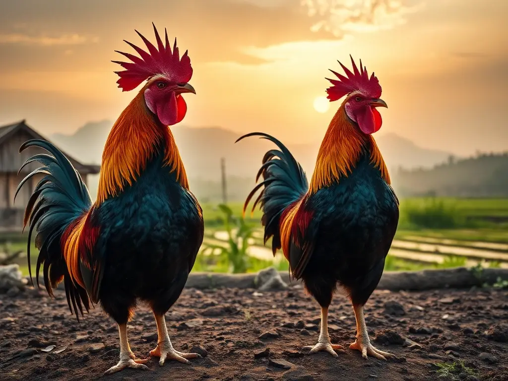 Dos gallos Shamo majestuosos en granja