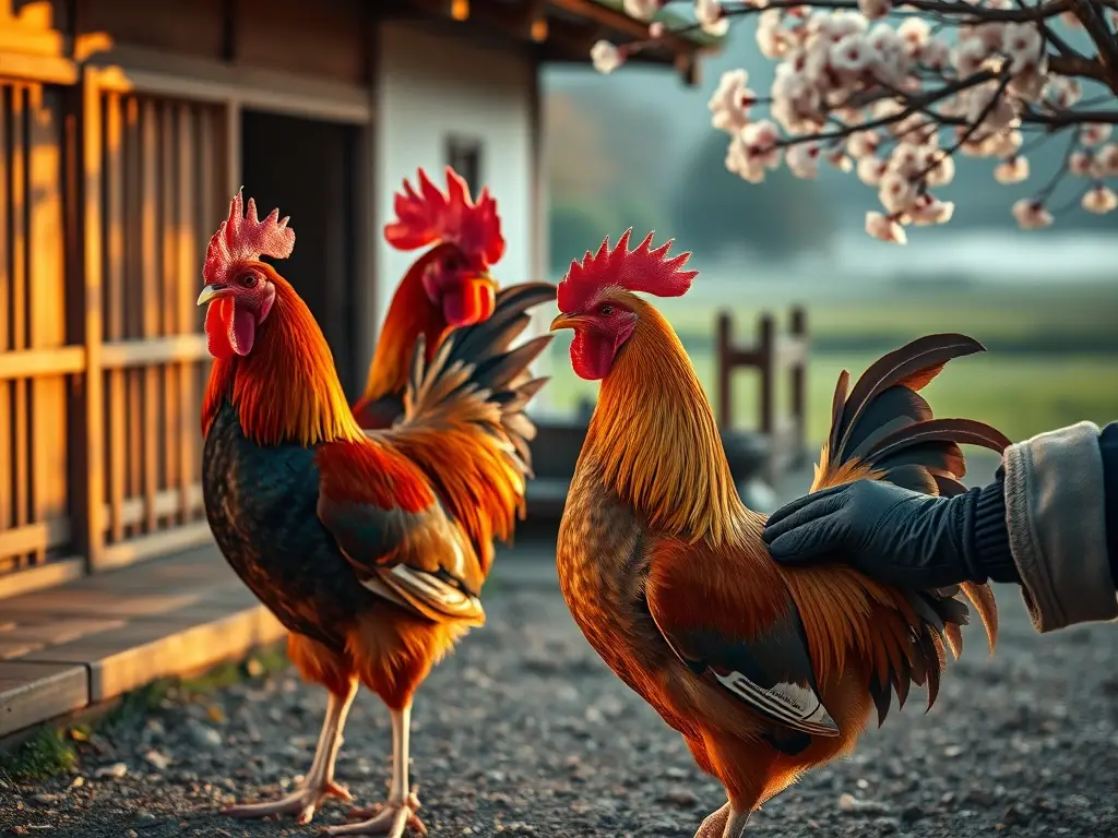 Dos Shamo en granja japonesa al atardecer