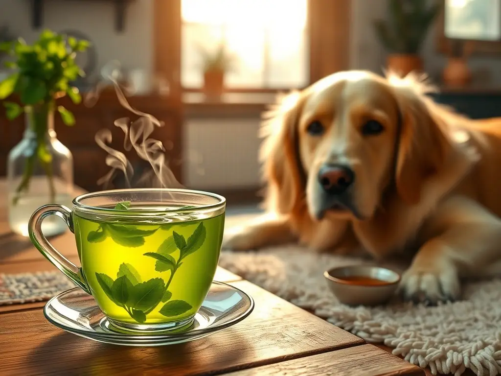 Cocina acogedora, té de menta y perro