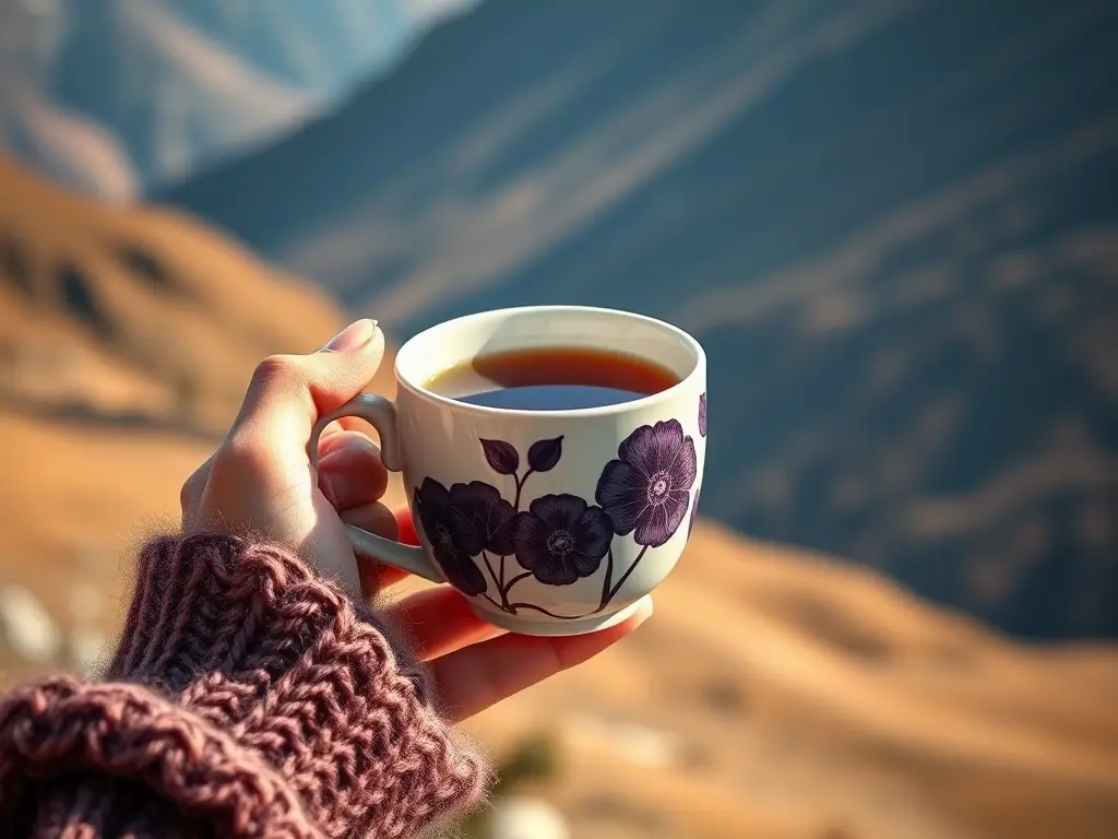 Fotografía realista de una mujer con té herbal en un paisaje montañoso