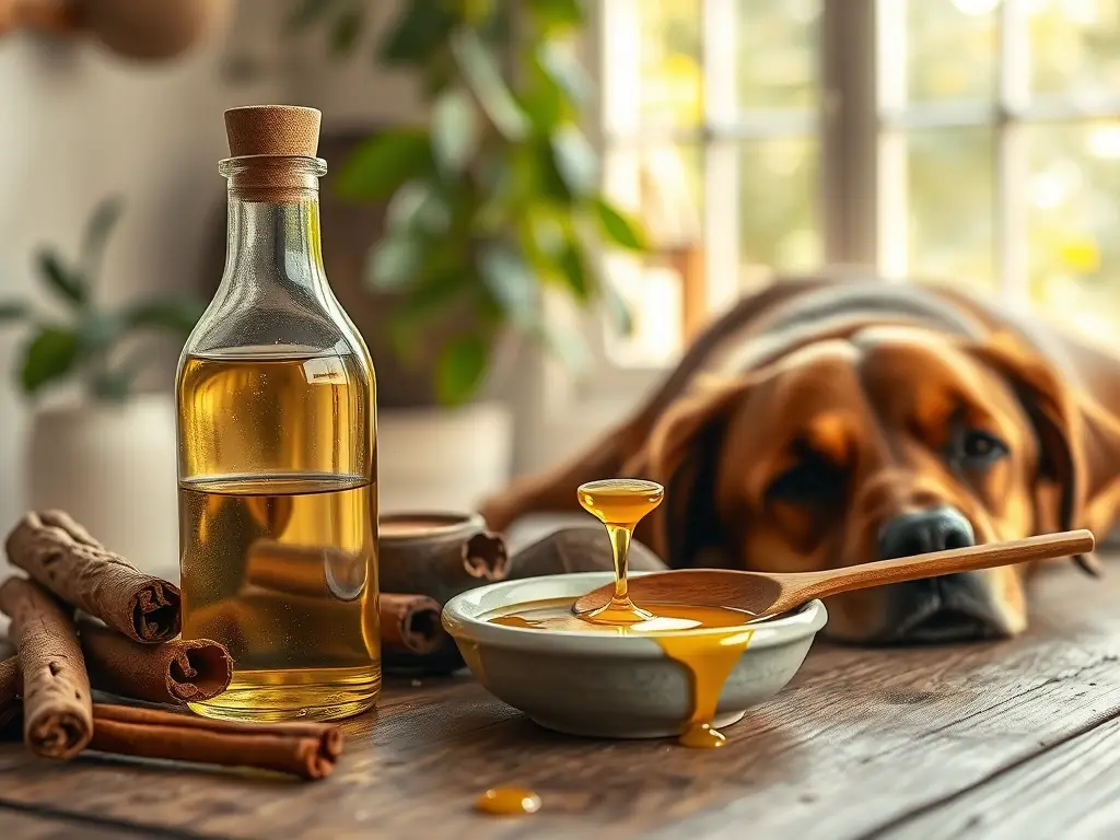 Botella de aceite, canela, perro, luz natural