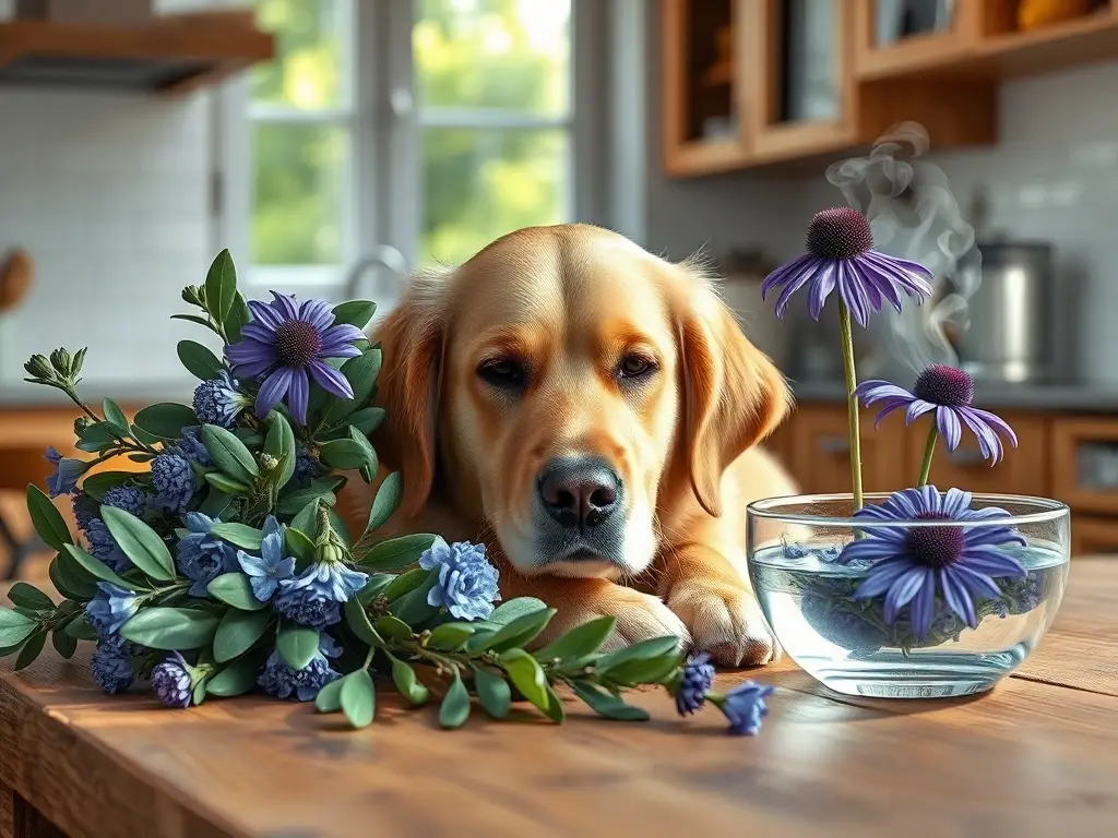 Perro golden retriever descansando en cocina rústica