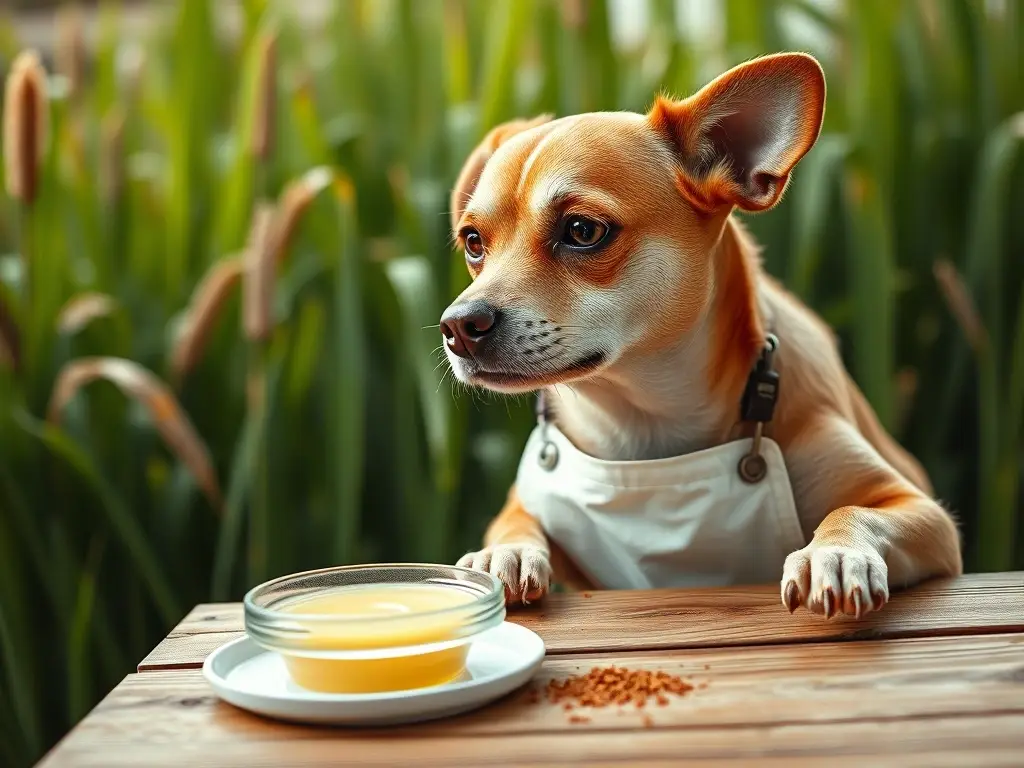 Foto real de un perro con una bandeja de aceite de coco y canela