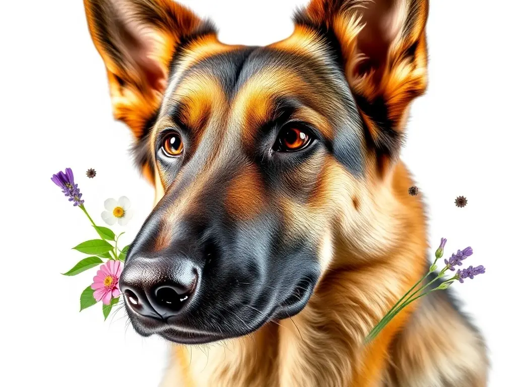 Fotografía realista de perro mix de German Shepherds con hierbas