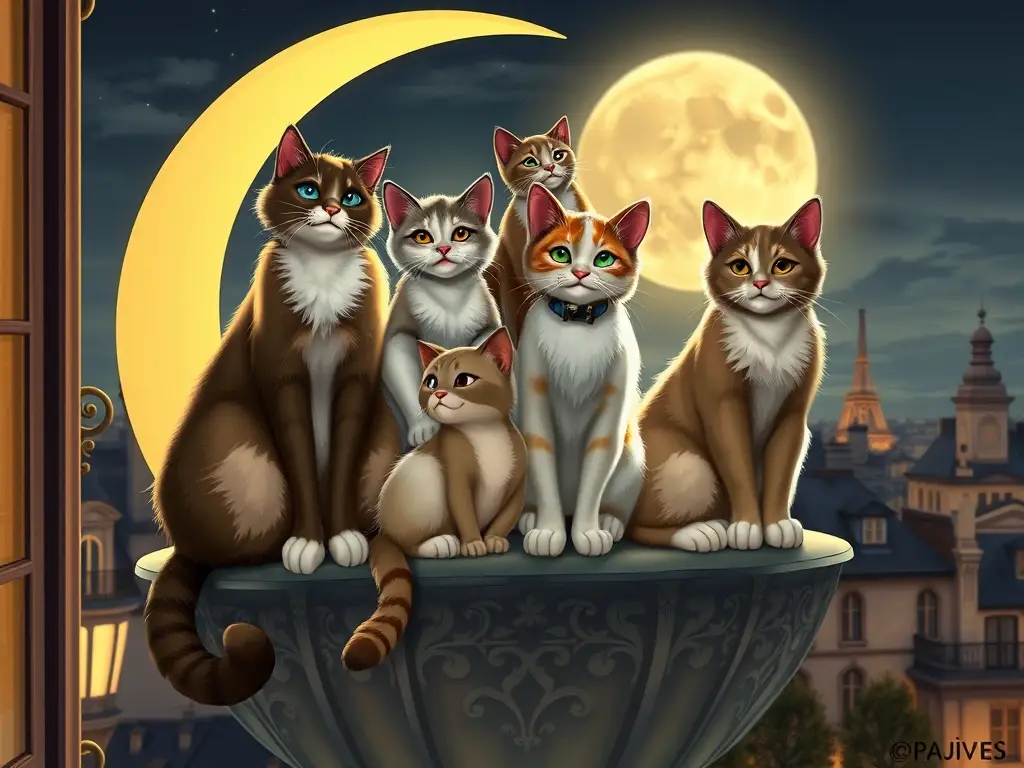 Fotografía realista de gatos Disney como Aturbitos, en un balcón de París