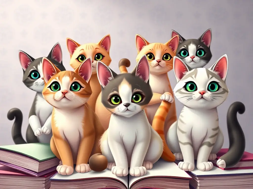 Imagen photorealistic de gatos Disney con nombres, en estilo clásico
