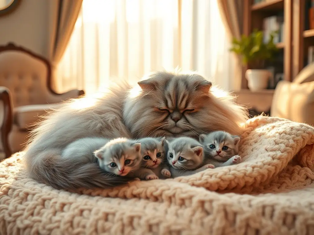 Gato persa gris y gatitos bajo luz