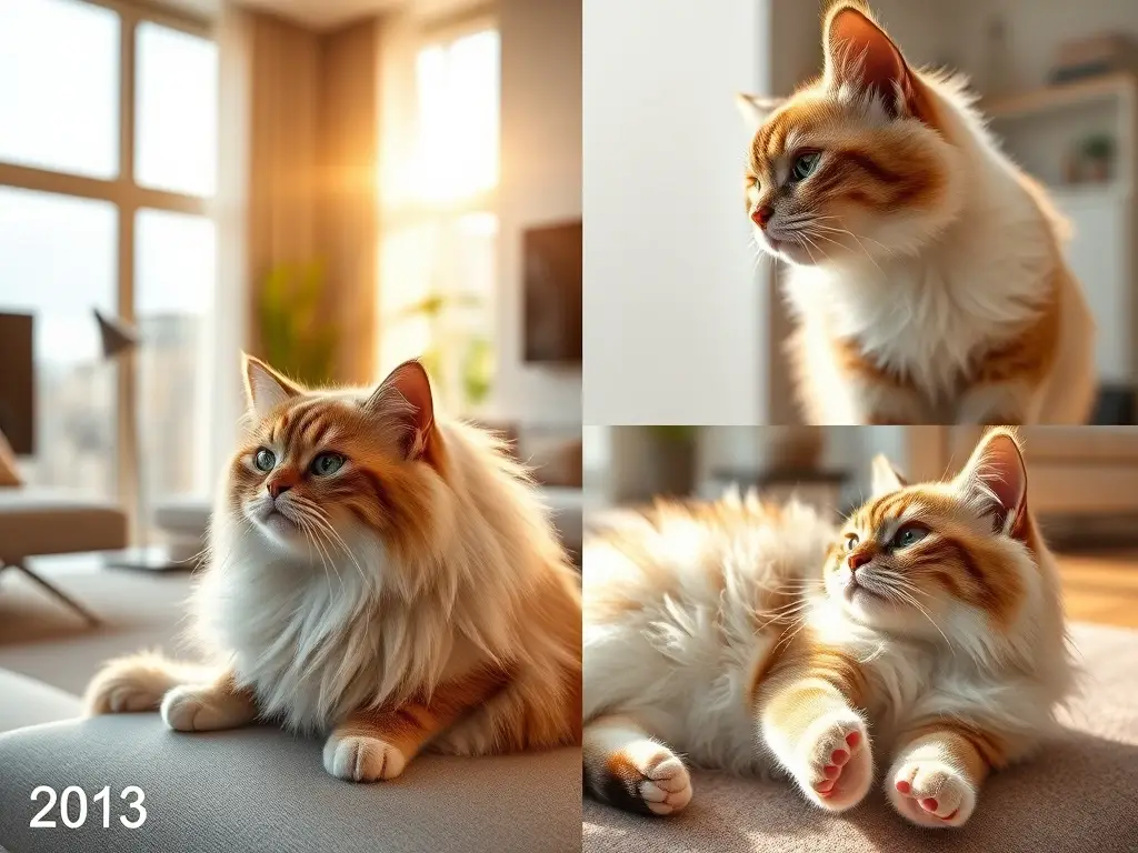 Foto realista, collage de cuatro imágenes del gato persa en una casa moderna