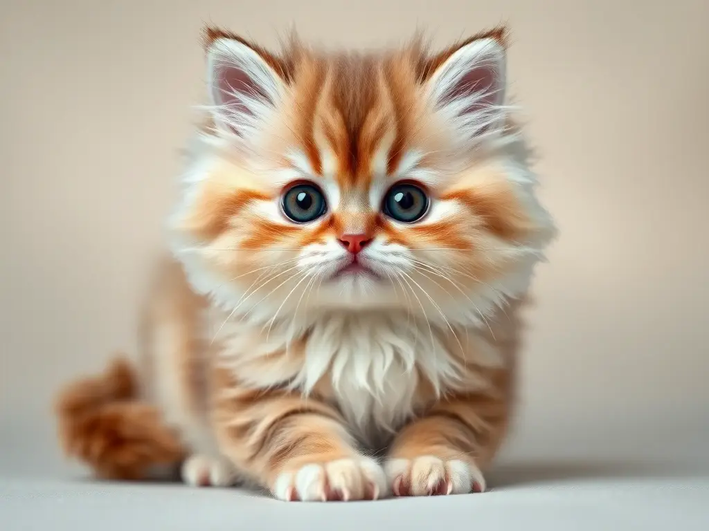 Una imagen realista de un gatito persa con ojos abiertos, mejillas rondas y suave color