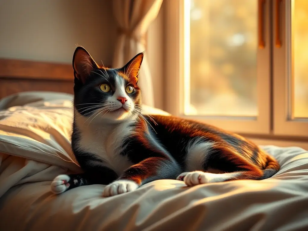 Fotografía realista de un gato tuxedo relajado en una cama confortable