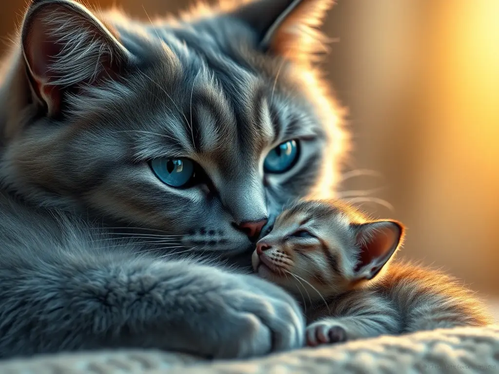 Fotografía realista de gato gris con ojos azules, con un gatito triste en sus brazos