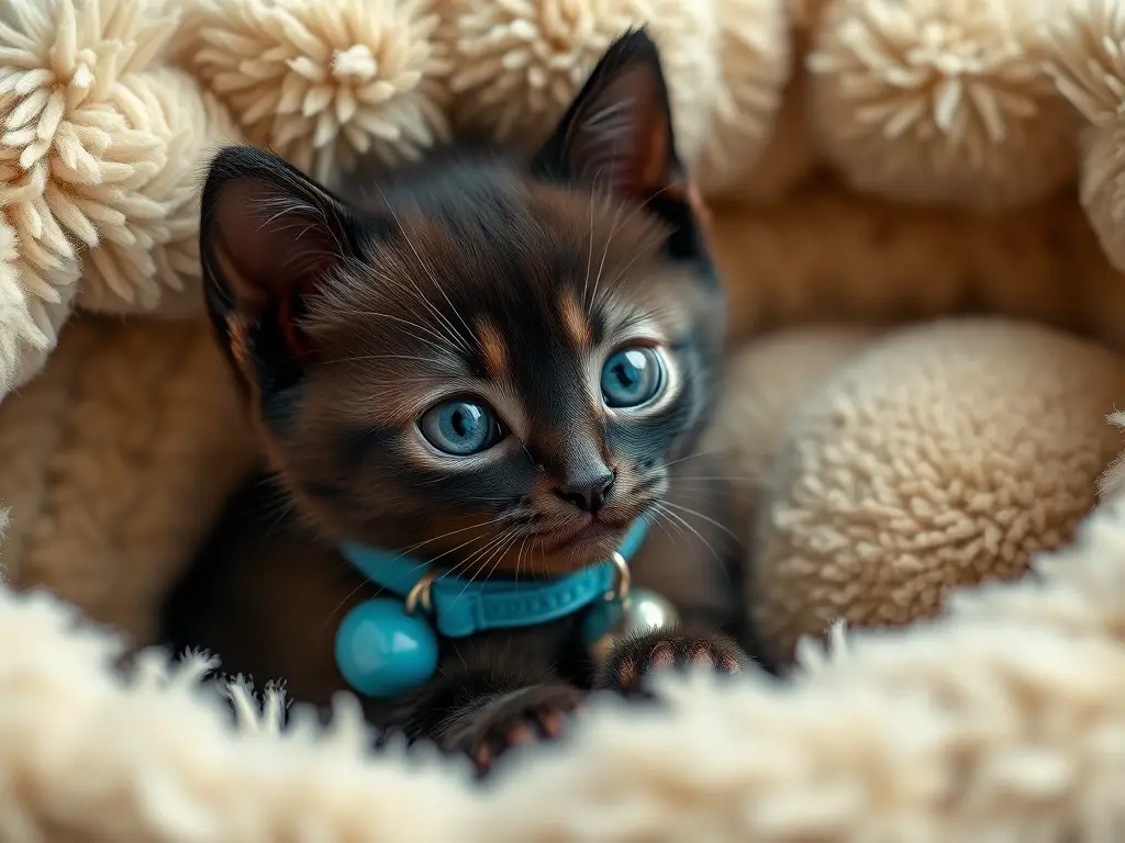 Foto realista de un gatito bengal con collar azul, de alta resolución, sin texto
