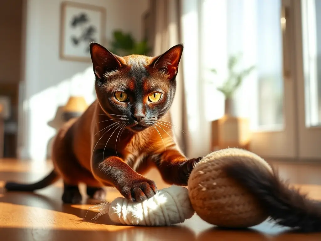 Gato birmano dorado juega en suelo soleado