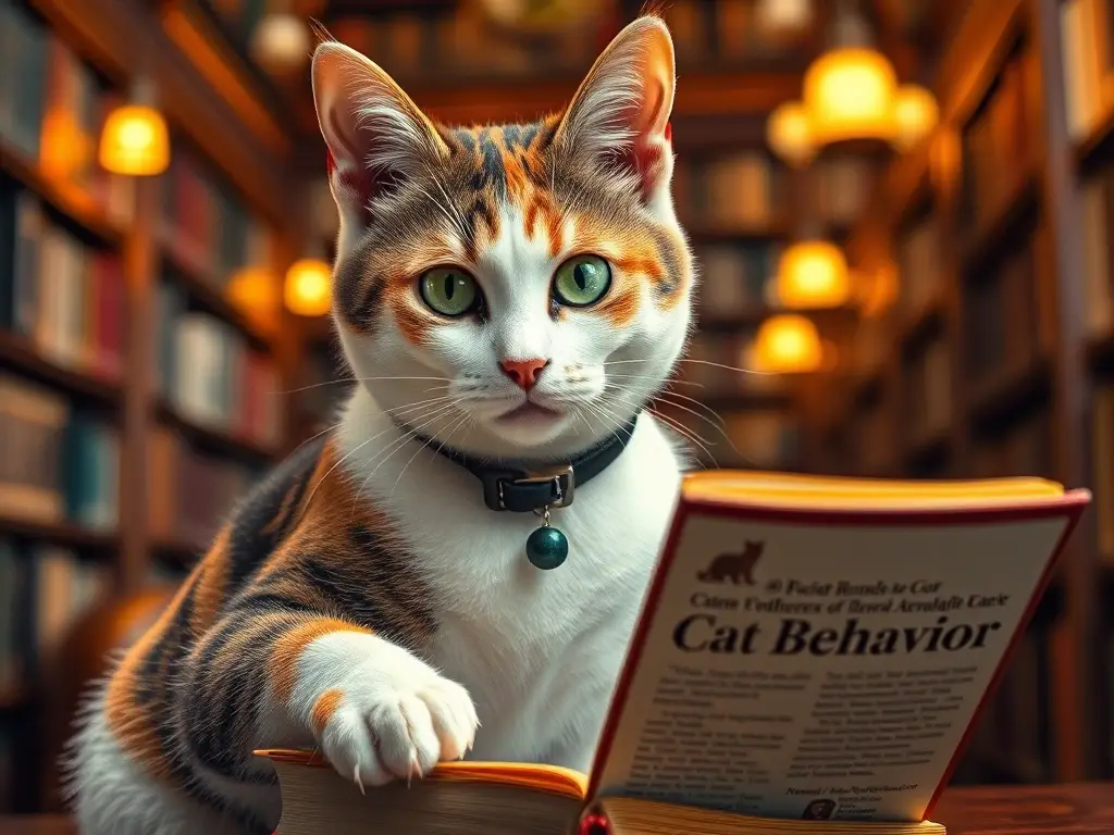 Fotografía realista de un gato calico con ojos verdes en una biblioteca