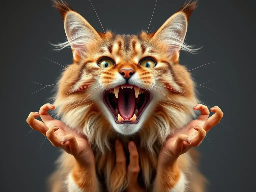Fotografía realística de un gato Maine Coon sorprendido y furioso