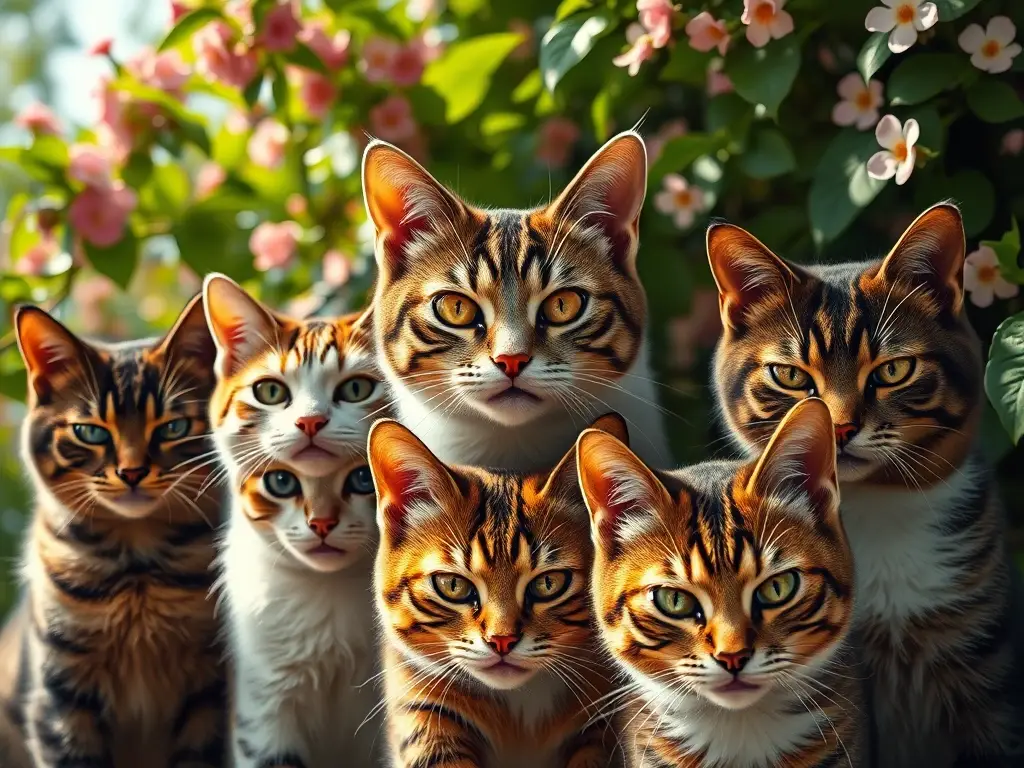 Una serie de gatos con expresiones cargadas de ira en un paisaje exuberante