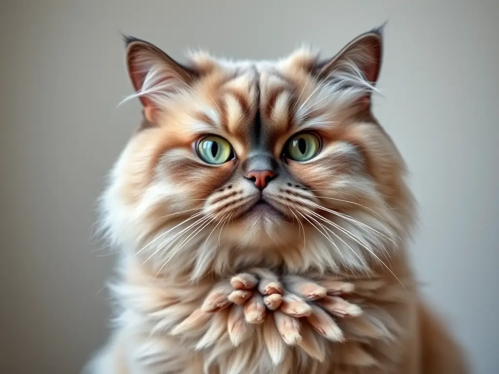 Foto realista de un gato persa felino con expresión cómica y mirada cautivadora