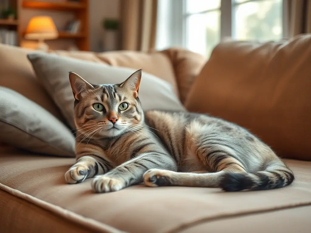 Imagen de un gatito europeo elegante descansando en una sala con luz natural