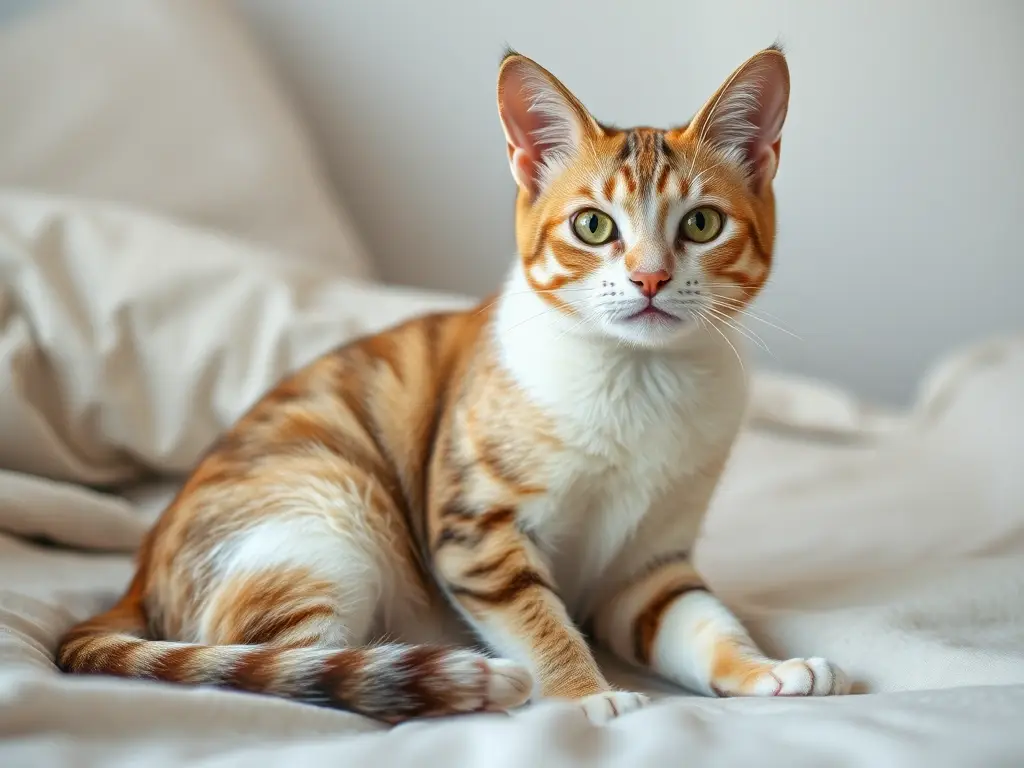 Un retrato realista a 8K de un gato europeo tranquilo en una cama