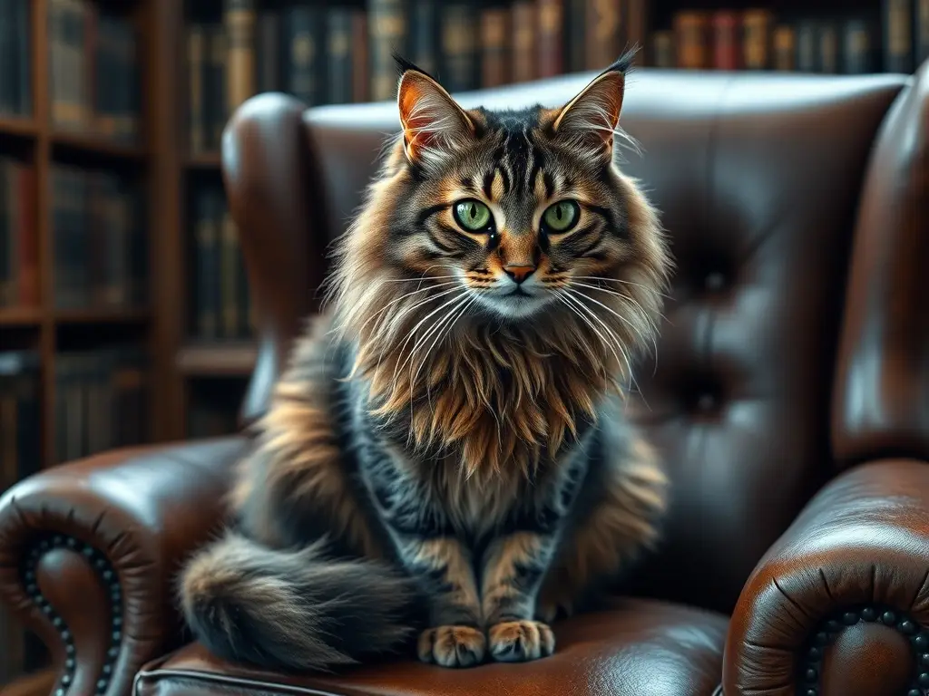Foto realista de un gato tabby con grandes ojos verdes, sentado en un sillón vintage