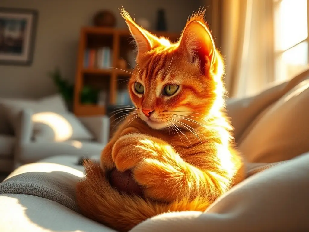 Peludo tabby disfrutando del sol en una habitación