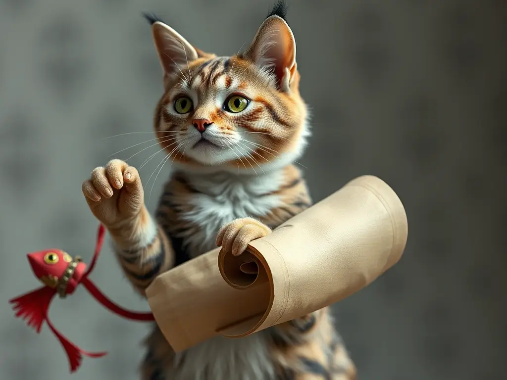 Foto realista de un gato llevando un rollo, con razas de gato raras