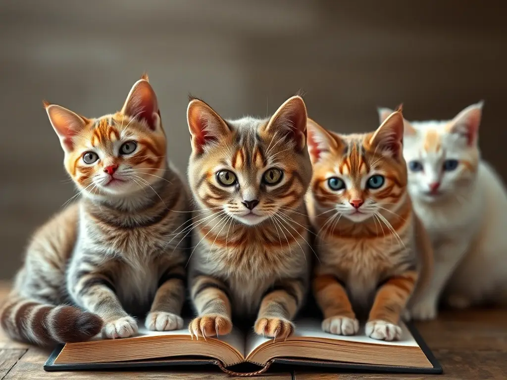 Fotografía realista de gatos de distintas razas mostrando la historia del shiplap