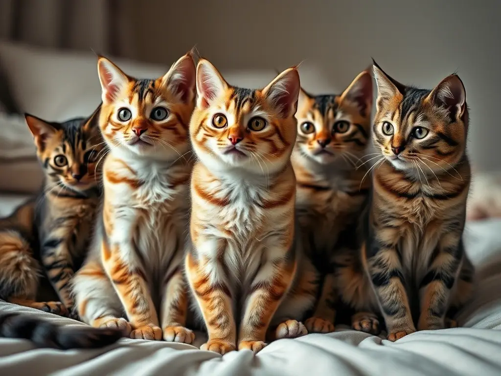 Fotorealista, con gatos de pelo corto, pensativos, en cama