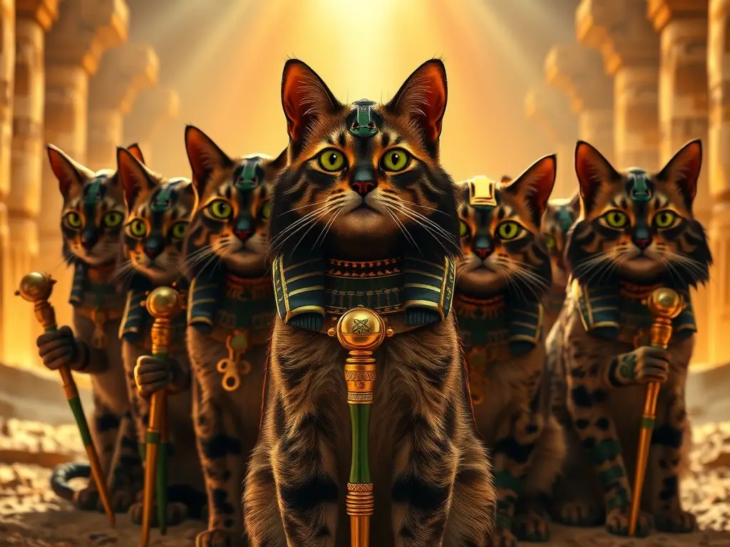 Un retrato etéreo de 10 gatos, estilo El Mahou Egipcio