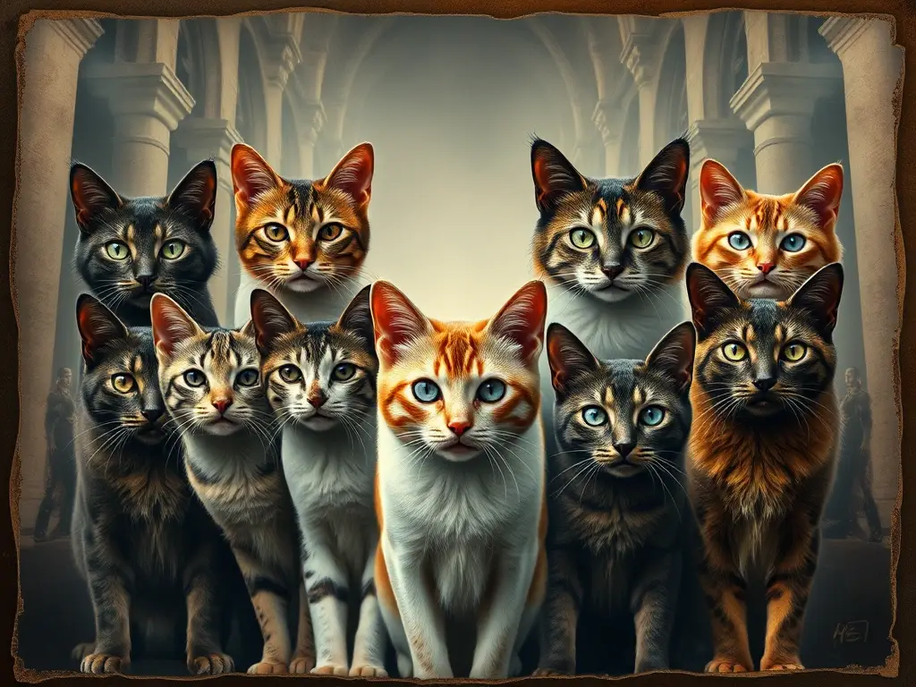 Un retrato en acuarela de gatos manchado retratando a dioses egipcios con una estética oscura y vintage