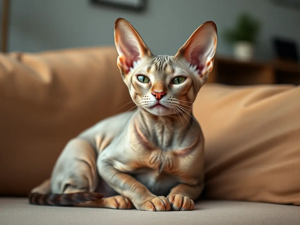 Una imagen realista de un Devon Rex felino tranquilo en una silla