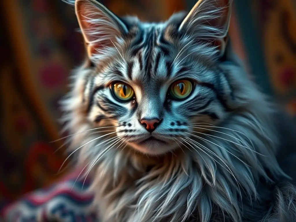 Una fotorealista, estampa de gato Nebelung en tapicería vibrante