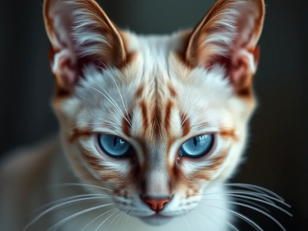 Fotorealistic retrato frontal de gato siamés, con mirada azul y pelaje plateada