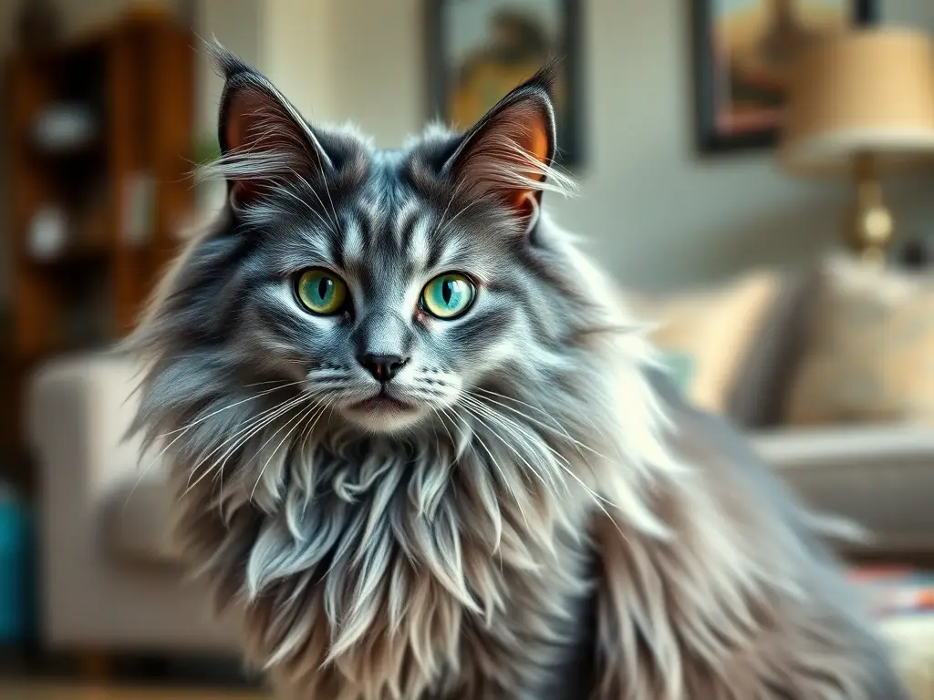 Fotografía realista de un gato Nebelung majestuoso
